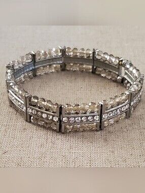 ​White House Black Market Silver Crystal Faceted Bead Multi Row Stretch Bracelet